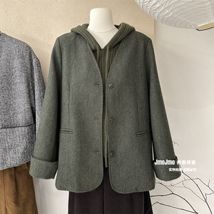 复古墨绿色羊毛呢V领西装外套女秋季宽松显瘦休闲短外套气质上衣