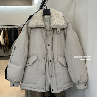 羊羔毛领90白鸭绒派克服冬季保暖一手长羽绒服米灰色中长款外套