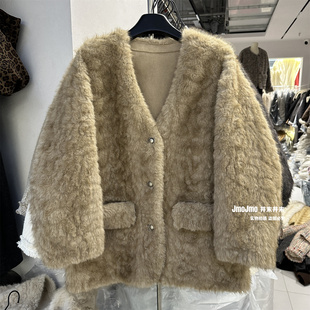 仿水貂毛V领中长款皮毛一体外套冬季保暖休闲毛毛大衣环保毛外套