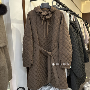 褶皱花苞领绗棉菱格棉服系带女中长款冬保暖通勤外套氛围穿搭大衣