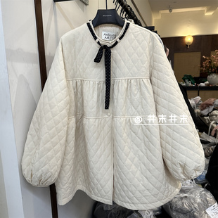 韩系氛围感领口波点丝巾绗棉菱格棉服女冬宽松在逃公主中长款外套