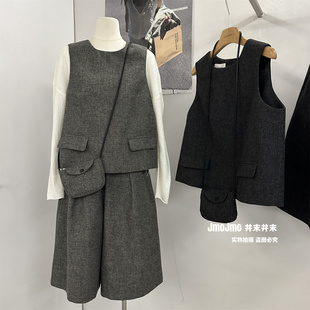 韩系羊毛呢后背单排扣马夹背心+五分中裤两件套女秋装小个子套装