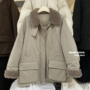 90%白鸭绒内胆羊羔毛领派克服冬季 羽绒服休闲大衣 显瘦保暖中长款