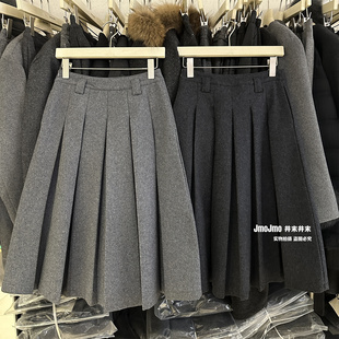 高级感含50羊毛呢灰色百褶裙女冬高腰中长裙显瘦百搭A字裙呢子裙