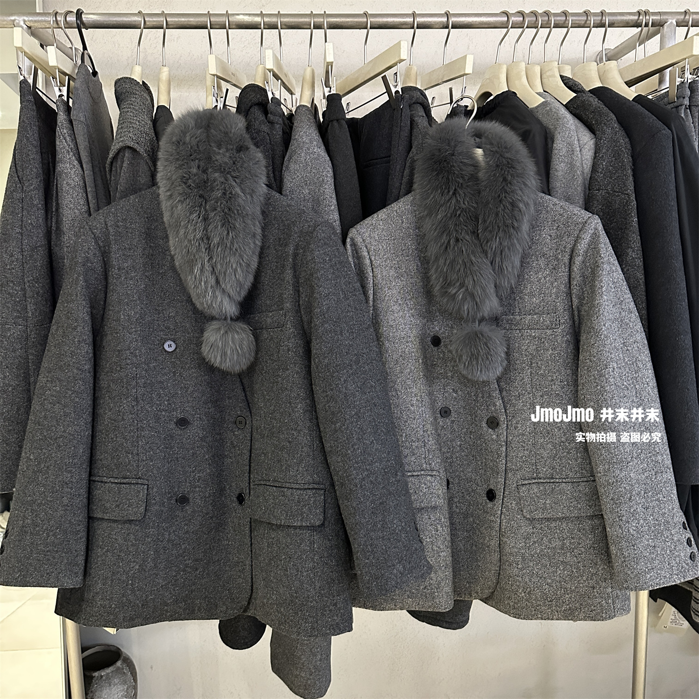 狐狸毛领90白鸭绒含50羊毛双排扣毛呢外套女冬季保暖洋气羽绒西装