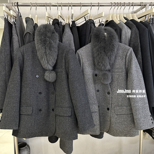 狐狸毛领90白鸭绒含50羊毛双排扣毛呢外套女冬季 保暖洋气羽绒西装