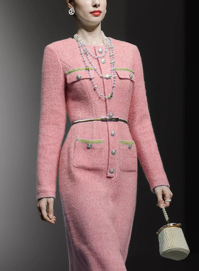 2025秋冬季女装新款气质湖蓝色修身收腰显瘦粗花呢连衣裙长裙裙子