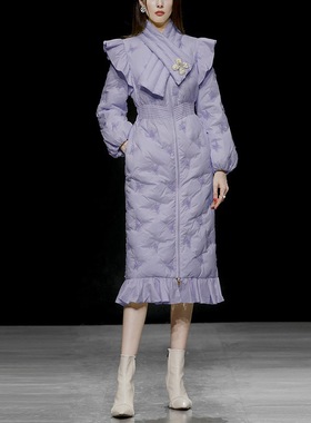 冬季新款时尚减龄自带围脖荷叶边复古灯笼袖收腰羽绒服外套