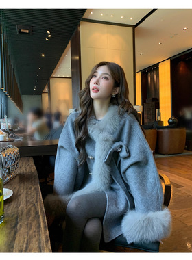 25冬新款蝴蝶结斗篷双面羊绒大衣女狐狸毛羊毛呢皮草小香风外套