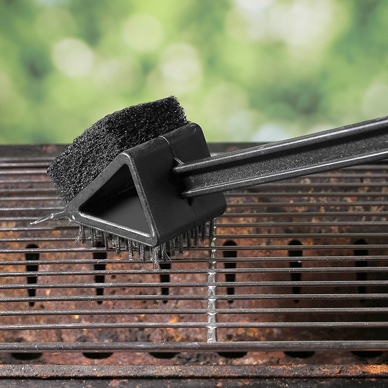 多功能烧烤清洁刷钢丝海绵双面刷子BBQ三合一带刮刀长柄清洁工具