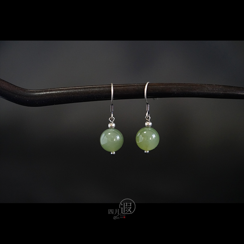 四月遐 和田玉珠s925银耳钩简约复古气质古风茶服旗袍耳饰耳坠女