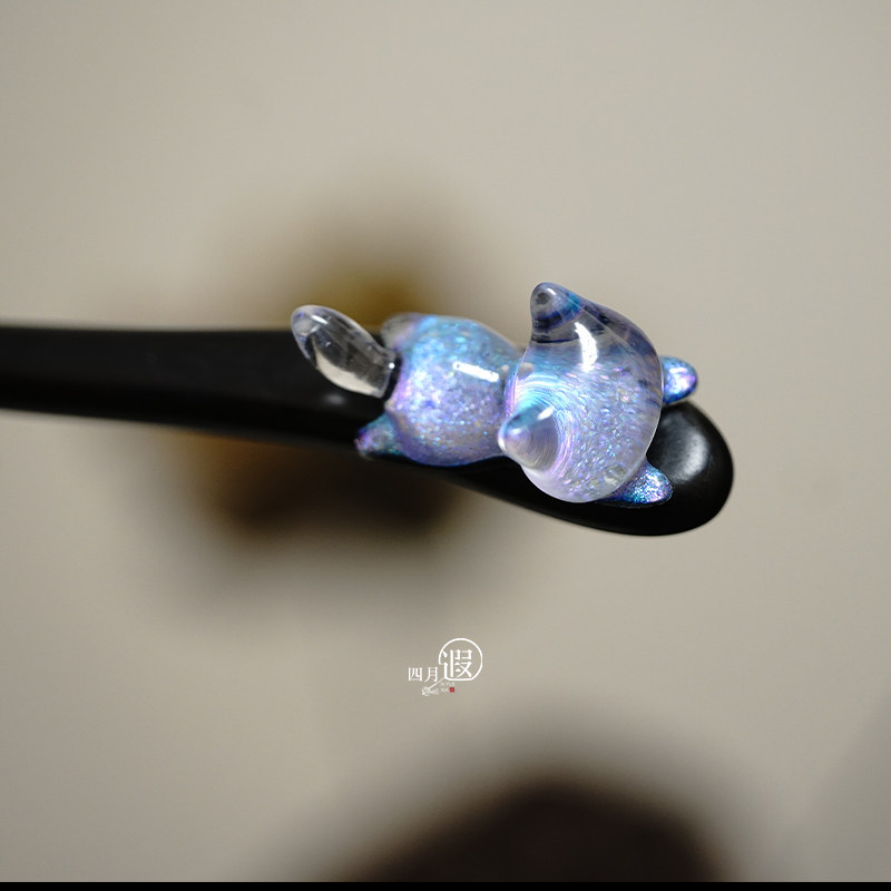 蓝色猫咪立体可爱夜光短款15cm丸子头简约日常趣味盘发簪子发簪