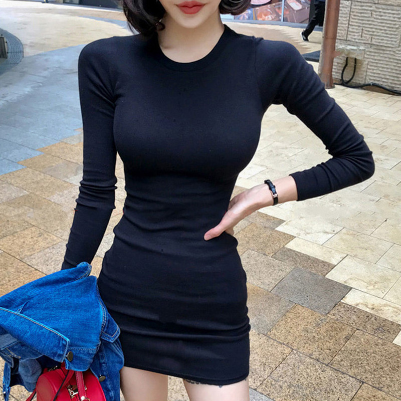 长袖连衣裙内搭女修身显瘦2026新款春秋气质性感包臀连身短裙打底