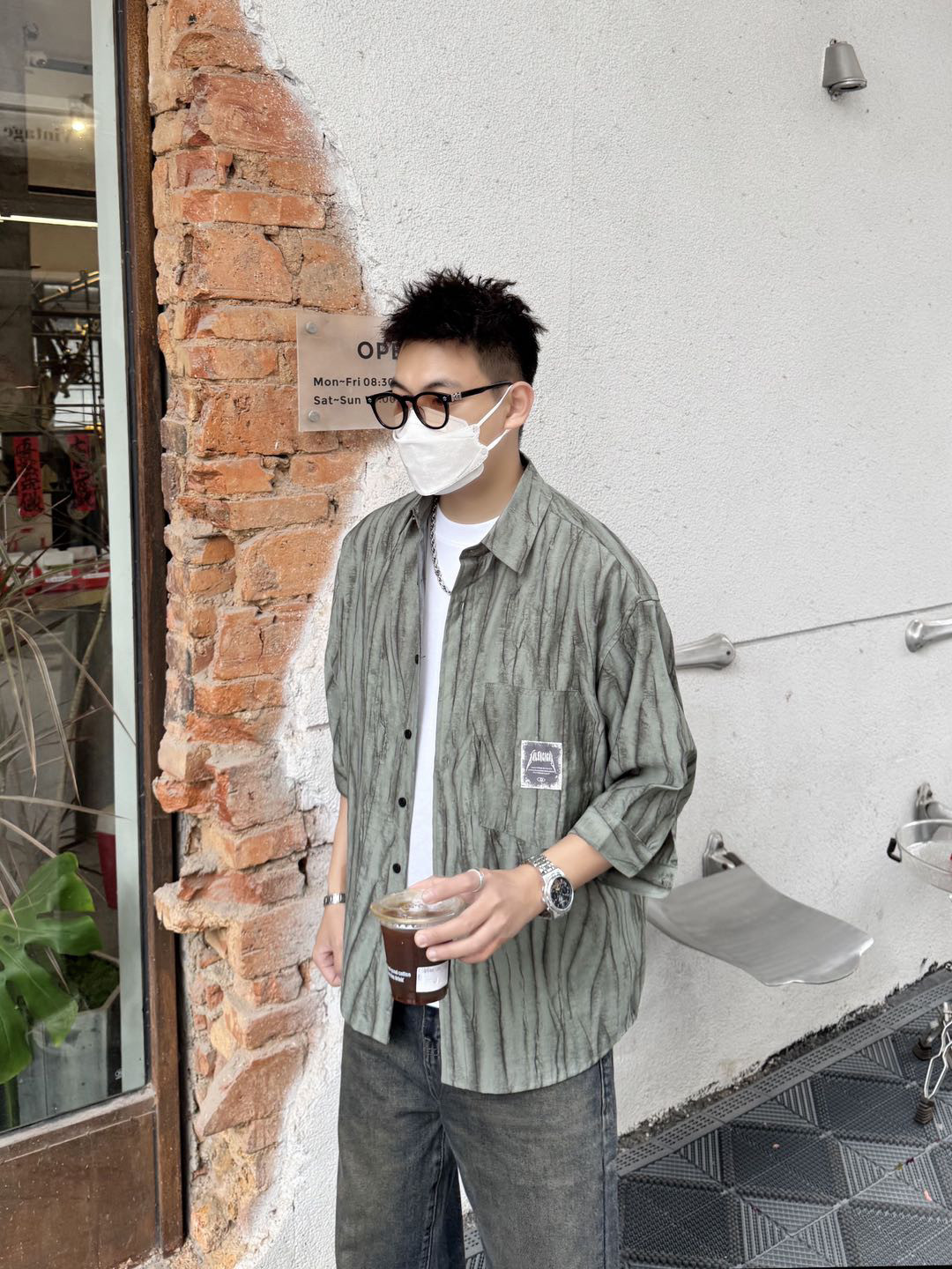 2025新款扎染仿棉麻短袖衬衫男款痞帅高级感衬衣褶皱美式小众设计