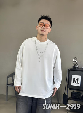 秋季新高街做旧水洗下摆手割破洞长袖打底衫国潮嘻哈百搭宽松T恤