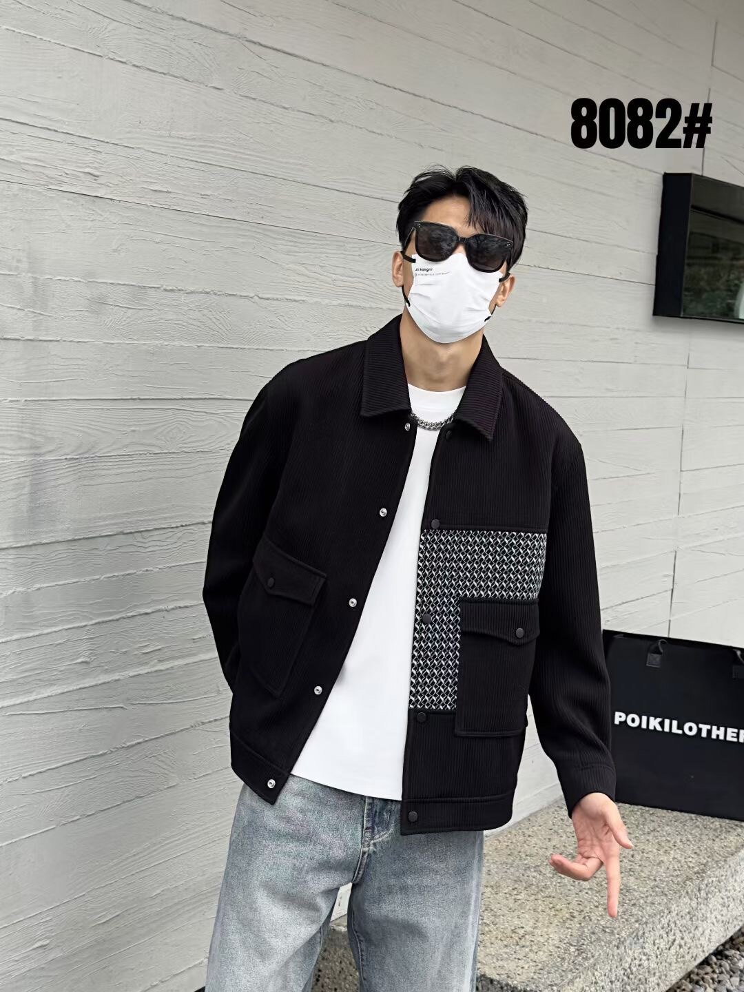 新款时尚休闲拼接翻领男式青少年夹克外套格子