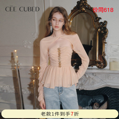 CEECUBED雪纺压褶荷叶边上衣