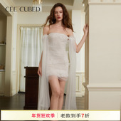 孙涵清同款 蕾丝立体花朵飘纱抹胸连衣裙女新款 CEE CUBED白色修身