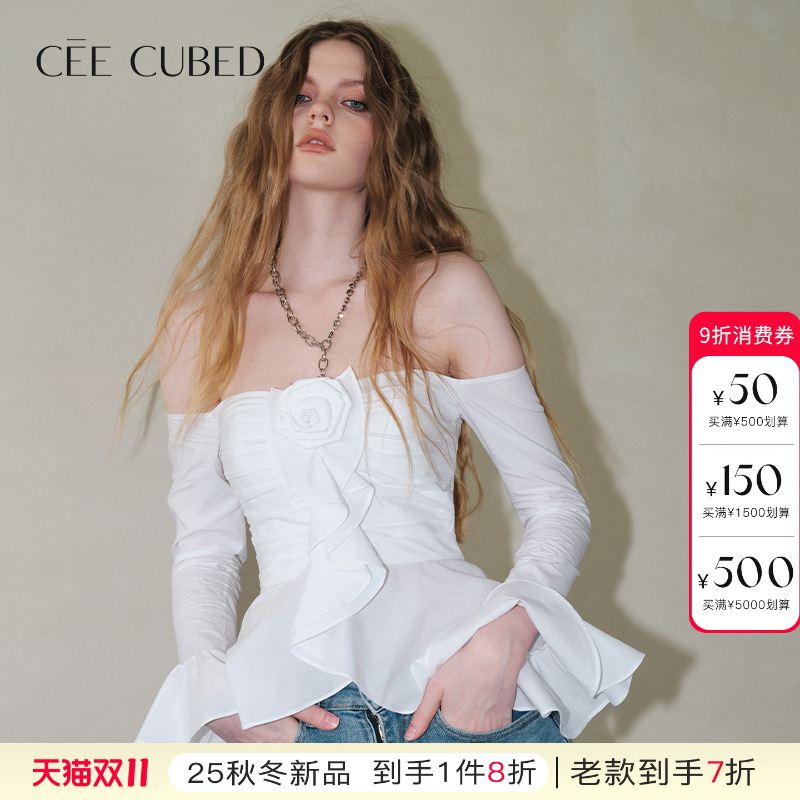 CEECUBED一字肩喇叭袖衬衫上衣