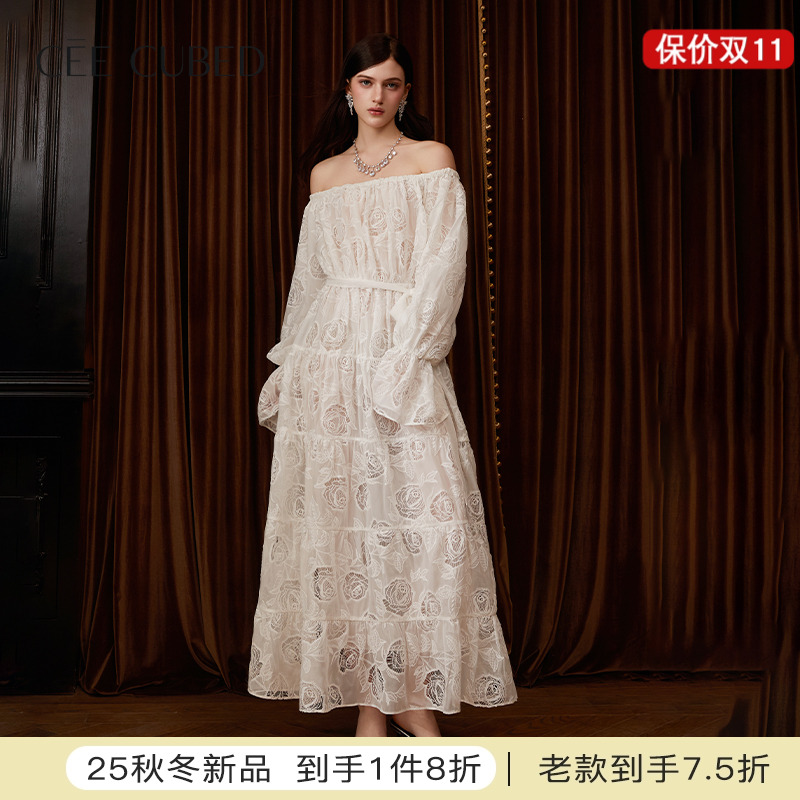 CEECUBED一字肩长袖收腰连衣裙