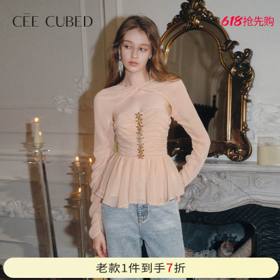 CEECUBED雪纺压褶荷叶边上衣