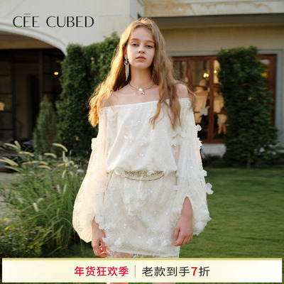 CEECUBED钉珠蕾丝一字肩连衣裙