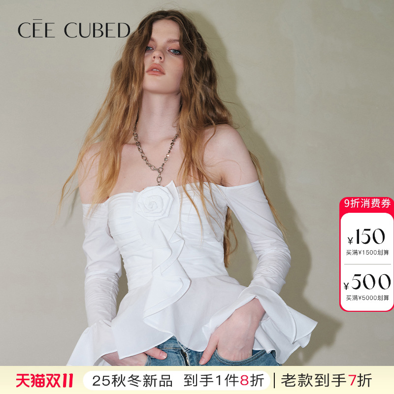 CEECUBED一字肩喇叭袖衬衫上衣