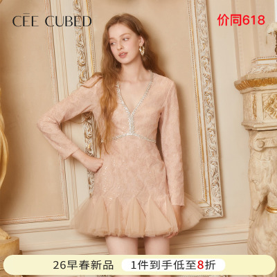 胡亦瑶同款CEE CUBED蜜桃粉钻链装饰网纱拼接蓬蓬裙礼服连衣裙女