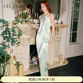 CEE 轻奢薄荷绿重工挂脖礼服水钻蝴蝶结连衣裙2025长裙 CUBED法式