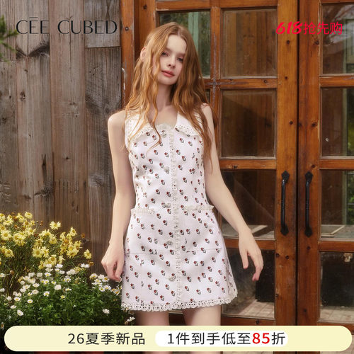 ELLIGIOI浪漫小花法式无袖系带蕾丝花边领收腰连衣裙女26夏季新款