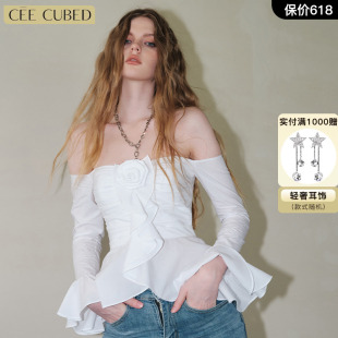 衬衫 孙怡同款 CUBED白色立体花朵一字肩喇叭袖 高级感修身 CEE 上衣