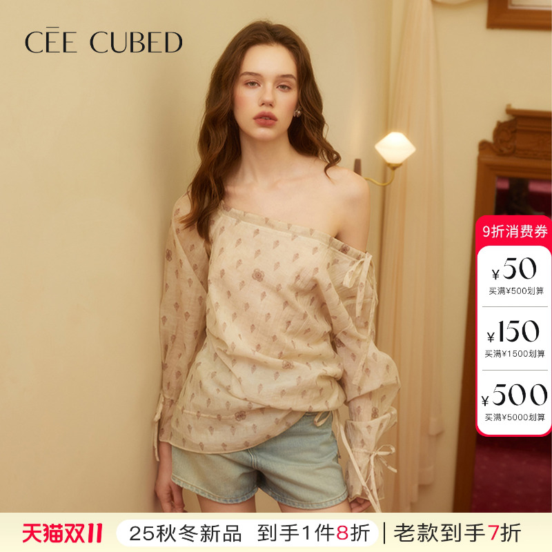 CEECUBED泡泡袖斜肩抽绳衬衫