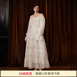 孙乐言同款CEE CUBED玫瑰镂空刺绣一字肩长袖收腰蓬蓬礼服连衣裙