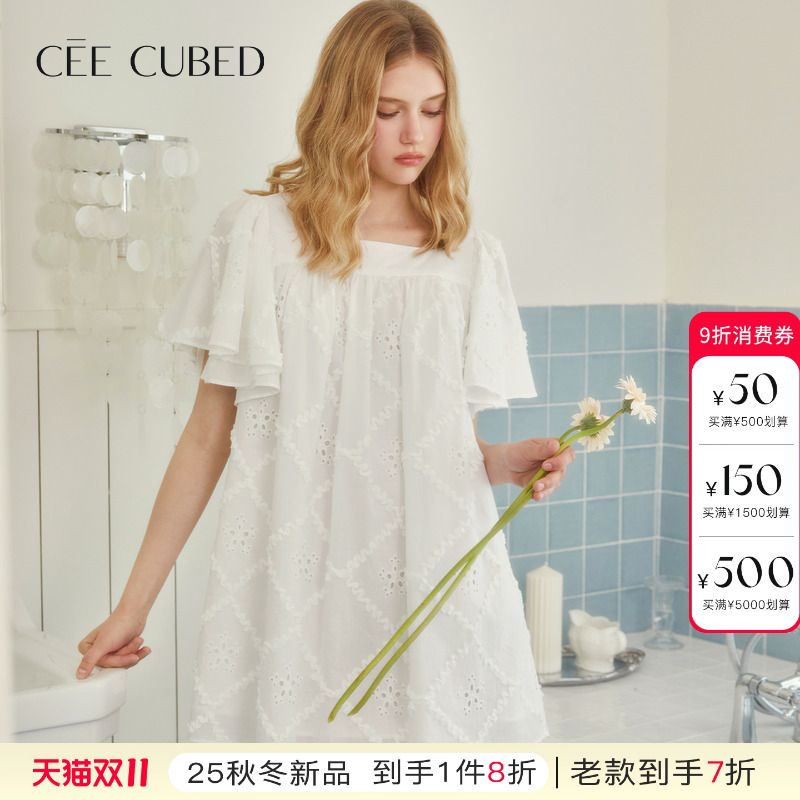 ELLIGIOI白色菱形格刺绣镂空花朵连衣裙女2025秋季新款