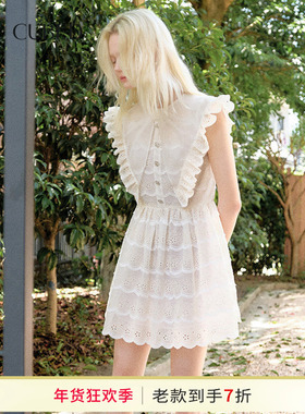 ELLIGIOI法式烂漫小花刺绣娃娃领收腰显瘦连衣裙女2025夏季新款