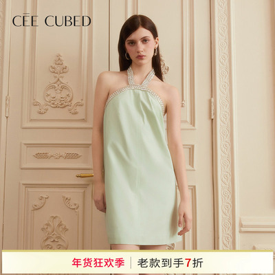 CEECUBED重工钻饰挂脖连衣裙