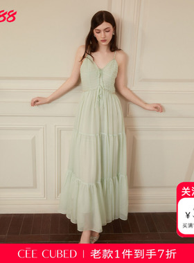 CEE CUBED薄荷曼波雪纺抽褶系带钻饰V领吊带连衣裙2026春夏新款