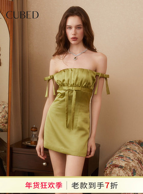 CEE CUBED橄榄绿一字肩修身蝴蝶结装饰小礼裙连衣裙女25早秋新款