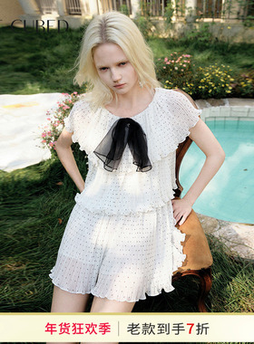 ELLIGIOI压褶波点印花多层舒适黑色领结设计连衣裙2025夏季新款