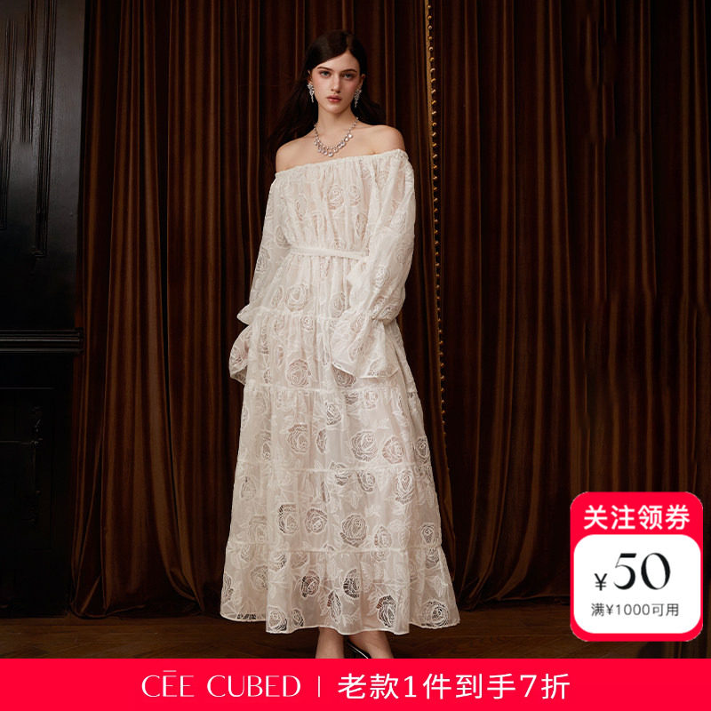 CEECUBED一字肩长袖收腰连衣裙图片