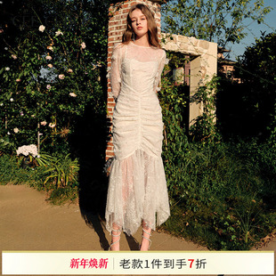 新款 显瘦连衣裙25春季 CUBED立体花朵钉珠蕾丝抽褶设计感修身 CEE