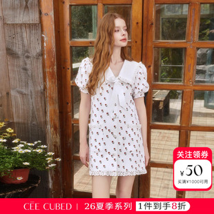 ELLIGIOI浪漫小花法式花边蝴蝶结泡泡袖贴袋连衣裙女2026夏季新款