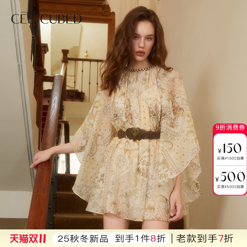 CEECUBED古典印花蝙蝠袖蓬蓬裙