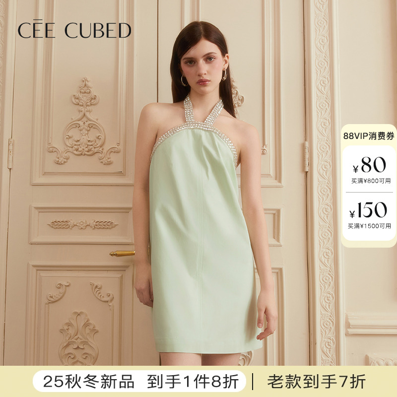 CEECUBED重工钻饰挂脖连衣裙