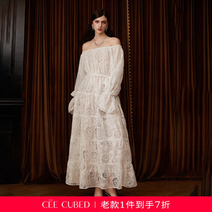 孙乐言同款CEE CUBED玫瑰镂空刺绣一字肩长袖收腰蓬蓬礼服连衣裙