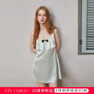 ELLIGIOI淡绿色缎面醋酸U领花边蝴蝶结吊带小礼裙连衣裙女26夏款