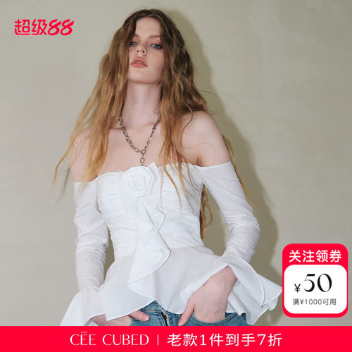 CEECUBED一字肩喇叭袖衬衫上衣