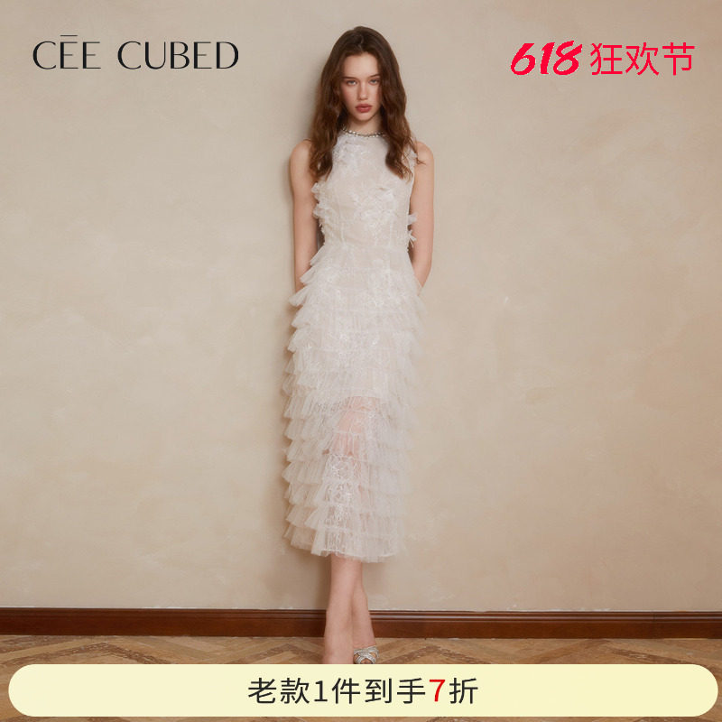 吴佳怡同款CEE CUBED白色蕾丝立体花朵珍珠钻饰无袖蛋糕裙连衣裙