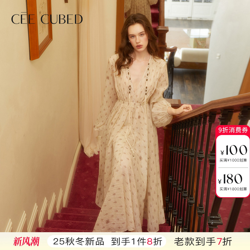 CEECUBED抽绳灯笼袖连衣裙长裙