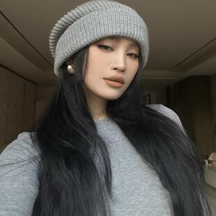 AIYALIU秋冬款毛线堆堆大头围显脸小纯色冷帽毛线帽